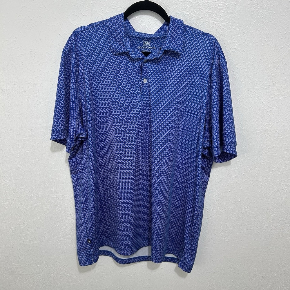 Mizzen+Main Shirt Mens L Classic Blue Geometric Golf Polo Short Sleeve Stretch